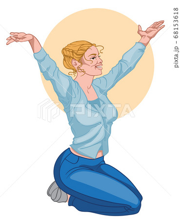 Smiling blonde woman in blue shirt and jeans Smiling blonde woman in blue shirt and jeans 68153618