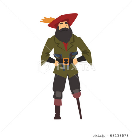 Old Pirate with Wooden Leg, Male Buccaneer Cartoon Character Vector Illustration 68153673