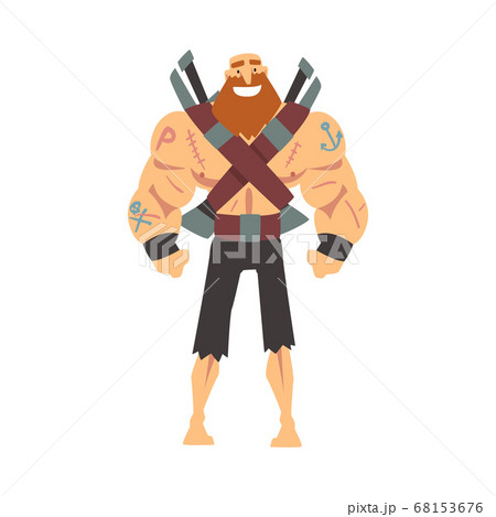 Bearded Brutal Muscular Pirate with Sabers, Male Buccaneer Cartoon Character Vector Illustration Bearded Brutal Muscular Pirate with Sabers, Male Buccaneer Cartoon Character Vector Illustration 68153676