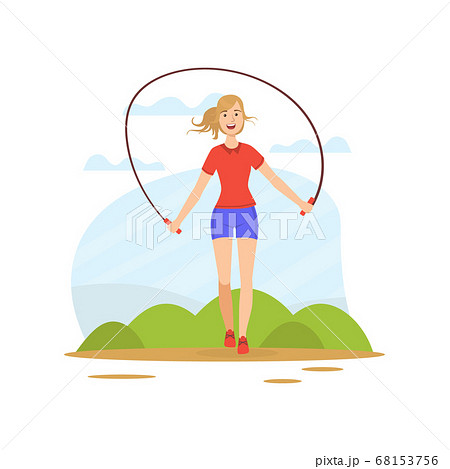 Girl Skipping With Jump Rope In Nature Young のイラスト素材