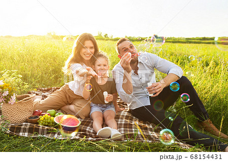 Lovely family blowing soap bubbles on a picnic in meadow 68154431