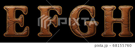 Set of leather letters E, F, G, H uppercase. 3D render font with skin texture isolated on black background. Set of leather letters E, F, G, H uppercase. 3D render font with skin texture isolated on black background. 68155760