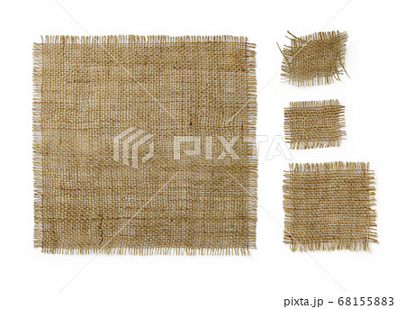 Square burlap pieces of different sizes isolated on white background. Natural color sackcloth. 68155883