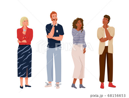 Think people in full length. Different nationality thoughtful men and women thinking about solve problems. Vector illustration of idea brainstorm background 68156653