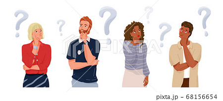 Think people portrait collection with question sign. Different nationality thoughtful men and women thinking about solve problems. Vector illustration of brainstorm banner background 68156654