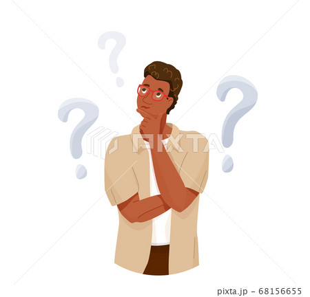 Think concept vector background. African american thoughtful man looking up thinking about solve problem. Question sign marks. Illustration of idea brainstorm isolated on white 68156655
