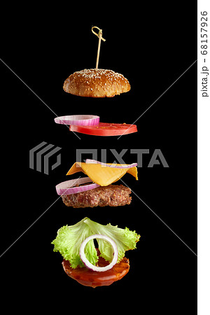 Flying ingredients of a classic cheeseburger 68157926