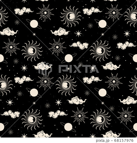 Seamless pattern. Zodiac circle, moon face, face of the sun, planet and galaxy. Seamless pattern. Zodiac circle, moon face, face of the sun, planet and galaxy. 68157976