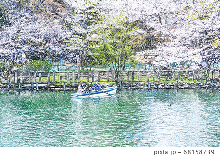 【春爛漫】桜満開の池のボート【色鉛筆】 68158739