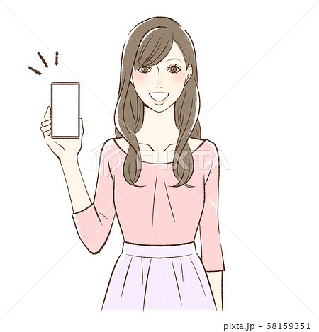 笑顔でスマホの画面を見せる正面向きの女性 縦持ちのイラスト素材