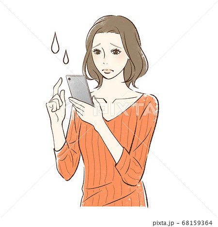 不安そうにスマホを操作する女性のイラスト素材