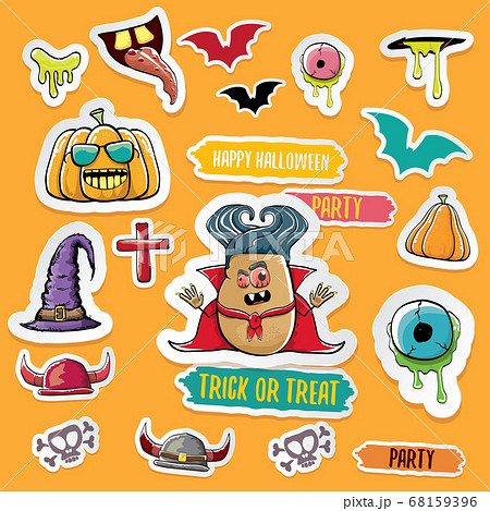 Vector halloween sticker icons set with dracula, witch hat, scary pumpkin, bat , skull, happy halloween text, demon and zombie eyes, wooden cemetry cross, monsters isolated on orange background. 68159396