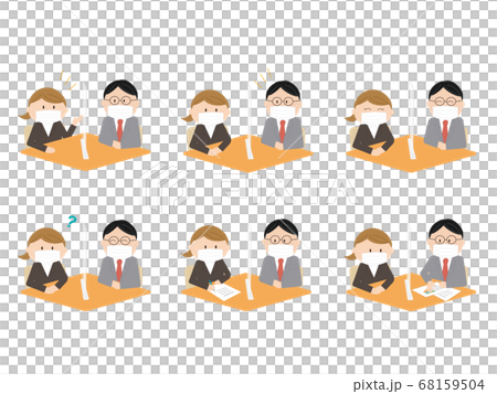 A set of an office worker and a businessman who wear a mask over an acrylic board and talk face-to-face A set of an office worker and a businessman who wear a mask over an acrylic board and talk face-to-face 68159504