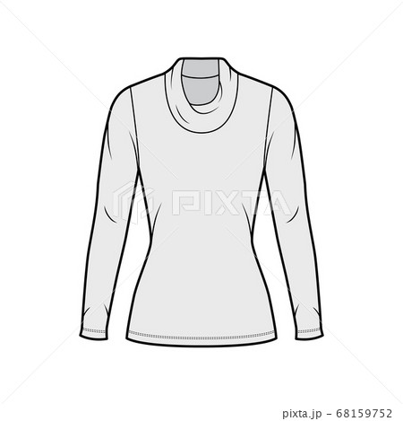 Cowl turtleneck jersey sweater technical fashion illustration with long sleeves, close-fitting shape, tunic length 68159752