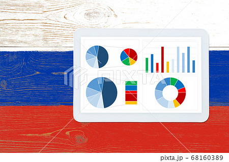 colorful dashboard over russia flag painted table 68160389