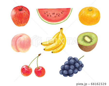 りんごやミカンなど8種のフルーツセットのイラスト素材