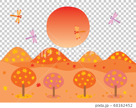 秋の紅葉の山々と真っ赤な夕日とトンボたちのイラスト素材