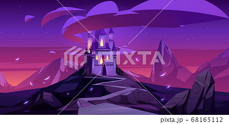 Vector cartoon magic castle in mountains at night Vector cartoon magic castle in mountains at night 68165112