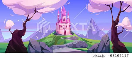 Vector cartoon magic pink castle in mountains 68165117