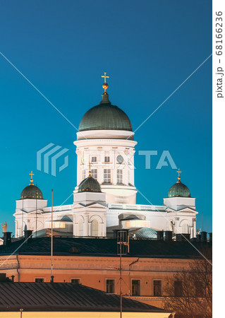 Helsinki, Finland. Senate Square With Lutheran Cathedral And Monument To Russian Emperor Alexander II At Summer Night Helsinki, Finland. Senate Square With Lutheran Cathedral And Monument To Russian Emperor Alexander II At Summer Night 68166236