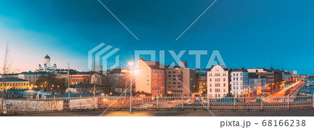 Helsinki, Finland. Panoramic View Of Helsinki Cathedral And Pohjoisranta Street In Evening Illuminations Helsinki, Finland. Panoramic View Of Helsinki Cathedral And Pohjoisranta Street In Evening Illuminations 68166238