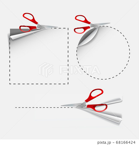 Scissors with red plastic handles cut round and square stickers. 68166424