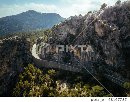 Road in the mountains. Beautiful landscape. Spain, Majorca. Aerial view from a drone. 68167787
