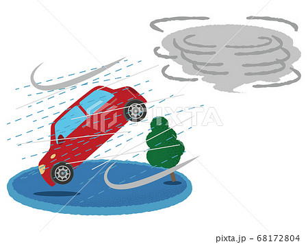 台風の被害に遭う赤い自動車のベクターイラスト 68172804