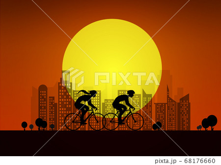 Couple on bikes in city. illustration with silhouettes of of two cyclists . sunset background 68176660