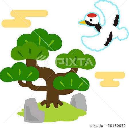 松の木と飛ぶ鶴のかわいいイラストのイラスト素材