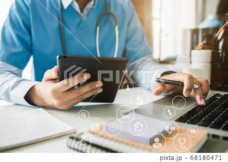 Medicine doctor hand working with modern digital tablet computer interface as medical network concept. 68180471