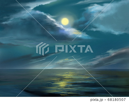 夜空に輝く星と月と海のイラスト素材