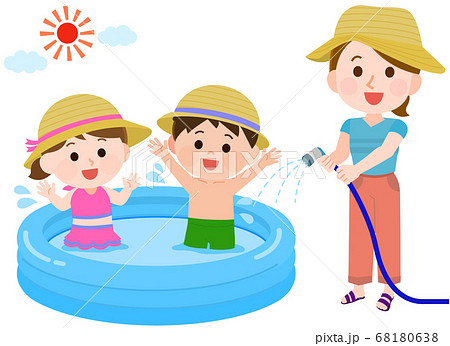 ビニールプールで遊ぶ女の子と男の子 水を入れる母親 イラストのイラスト素材