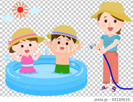 Illustration of a girl and a boy playing in a vinyl pool 68180638