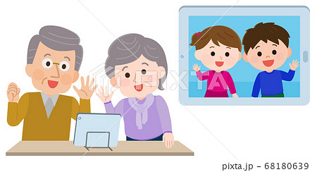 オンライン帰省 タブレットでテレビ電話する祖父母と孫 イラストのイラスト素材