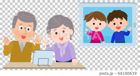 Online homecoming Illustration of grandparents and grandchildren making videophone calls on a tablet 68180639
