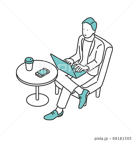 カフェスペースでモバイルワークをしている男性のイラスト素材 68181505