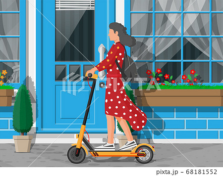 Girl with backpack rolling on electric scooter. 68181552