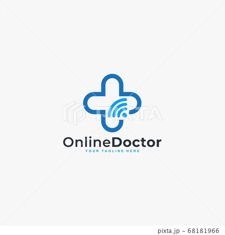 Doctor online virtual services logo design vector. Consultation to doctors via digital remote illustration symbol. Tele medicine service vector logo. Stethoscope and signal vector icons. 68181966