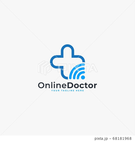 Doctor online virtual services logo design vector. Consultation to doctors via digital remote illustration symbol. Tele medicine service vector logo. Stethoscope and signal vector icons. 68181968