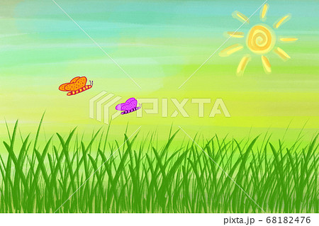 Illustration of butterflys wellcoming the spring on a sunny day above the green lawn field 68182476