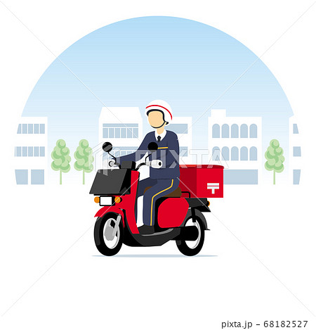 街を走る郵便配達のオートバイ スクーター 郵便 郵便局 郵便屋のイラスト素材