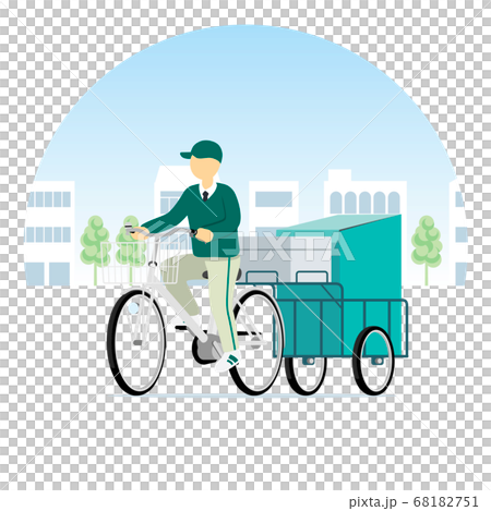 街を走る宅配便の自転車 リヤカー 電動アシスト自転車 配達 集荷のイラスト素材
