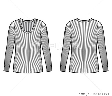 Ribbed scoop neck knit sweater technical fashion illustration with long sleeves, oversized body, tunic length. Ribbed scoop neck knit sweater technical fashion illustration with long sleeves, oversized body, tunic length. 68184453
