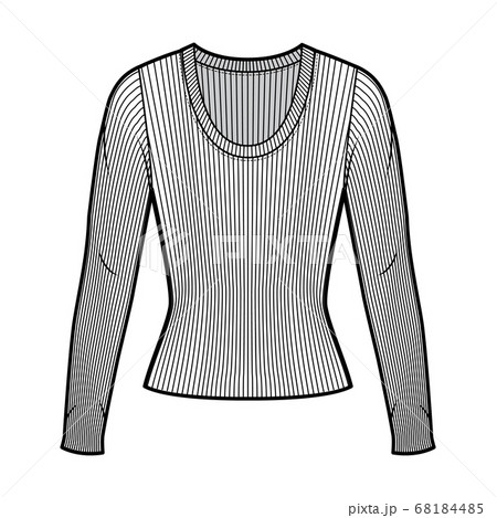 Ribbed scoop neck knit sweater technical fashion illustration with long sleeves, close-fitting shape.  Ribbed scoop neck knit sweater technical fashion illustration with long sleeves, close-fitting shape.  68184485