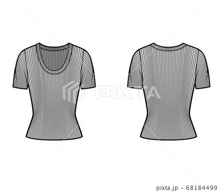 Ribbed scoop neck knit sweater technical fashion illustration with short rib sleeves, close-fitting shape.  68184499