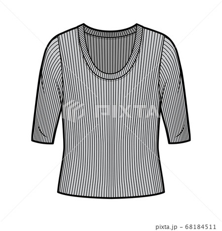 Ribbed scoop neck knit sweater technical fashion illustration with elbow sleeves, oversized body.  68184511