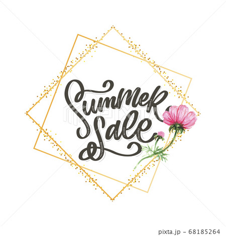 Trendy floral vector template. Summer flowers and Summer sale lettering illustration. Shabby gold texture on striped background. 68185264