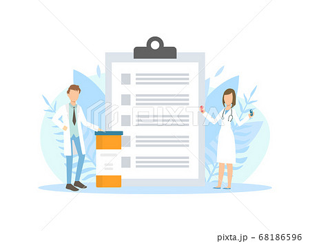 Tiny Pharmacists Doctors Standing Next Huge Clipboard with Prescriptions Vector Illustration 68186596