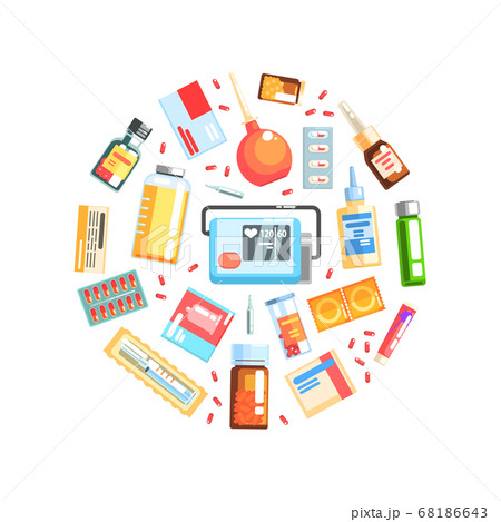 Medications and Medical Supplies of Round Shape, Medicine and Healthcare Vector Illustration 68186643